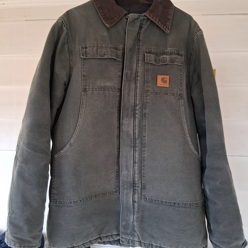 Carhartt Olive Green Jacket with Brown Corduroy Collar size LARGE-TALL